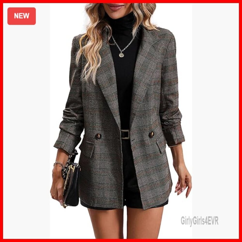 Lightweight Plaid Blazer Fully Lined Button Front Pockets Office Work Jacket